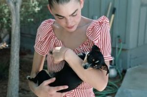 girl in red and white striped top with dog - Fashion with stripes polka dots and pom poms - myLusciousLife.com.jpg